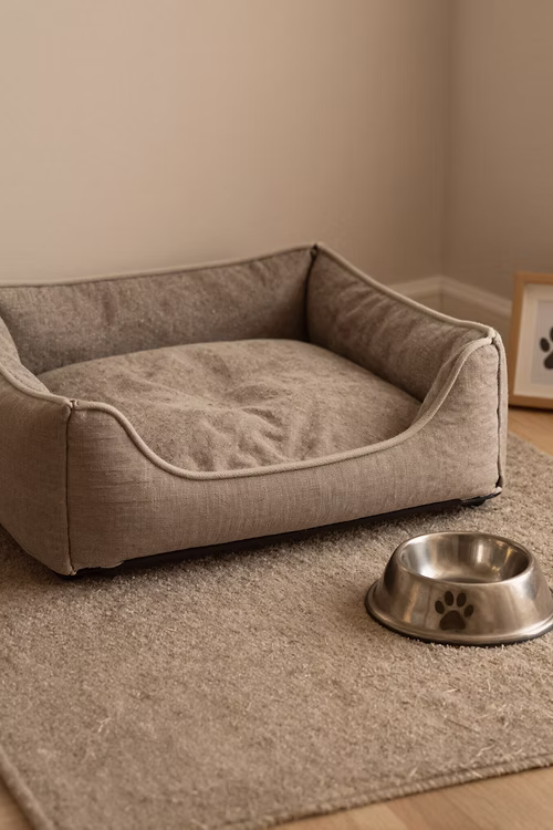 An empty pet bed in soft morning light