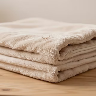 A soft, neatly folded blanket in warm neutral tones