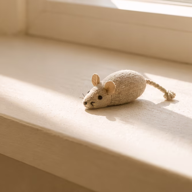 A small soft toy mouse resting in warm sunlight on a windowsill