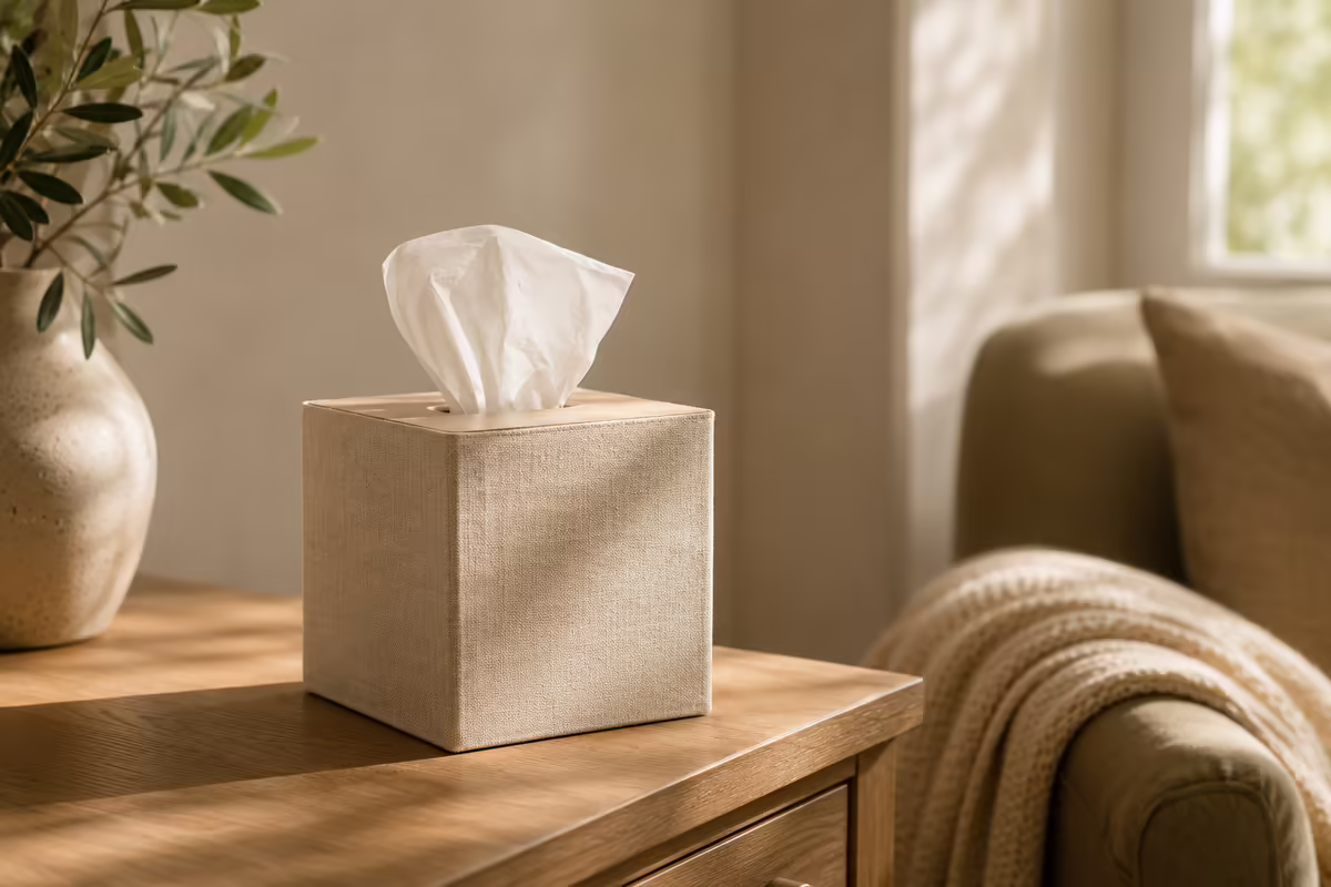 A box of tissues in a soft linen cover on a wooden side table in gentle morning light